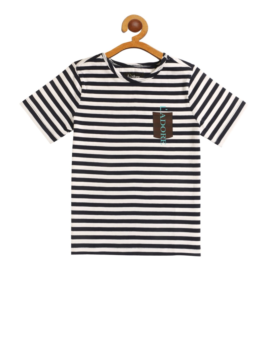 

LAdore Kids White Navy Blue Organic Cotton Striped Round Neck Organic Cotton T-shirt