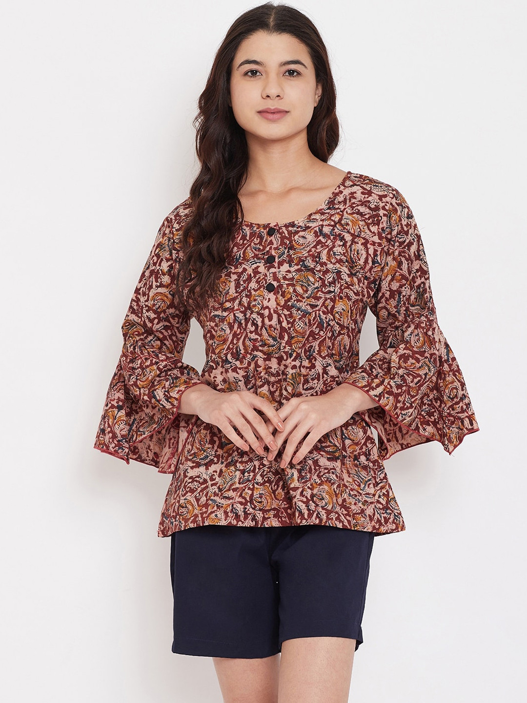 

The Kaftan Company Women Brown & Navy Blue Night Suit