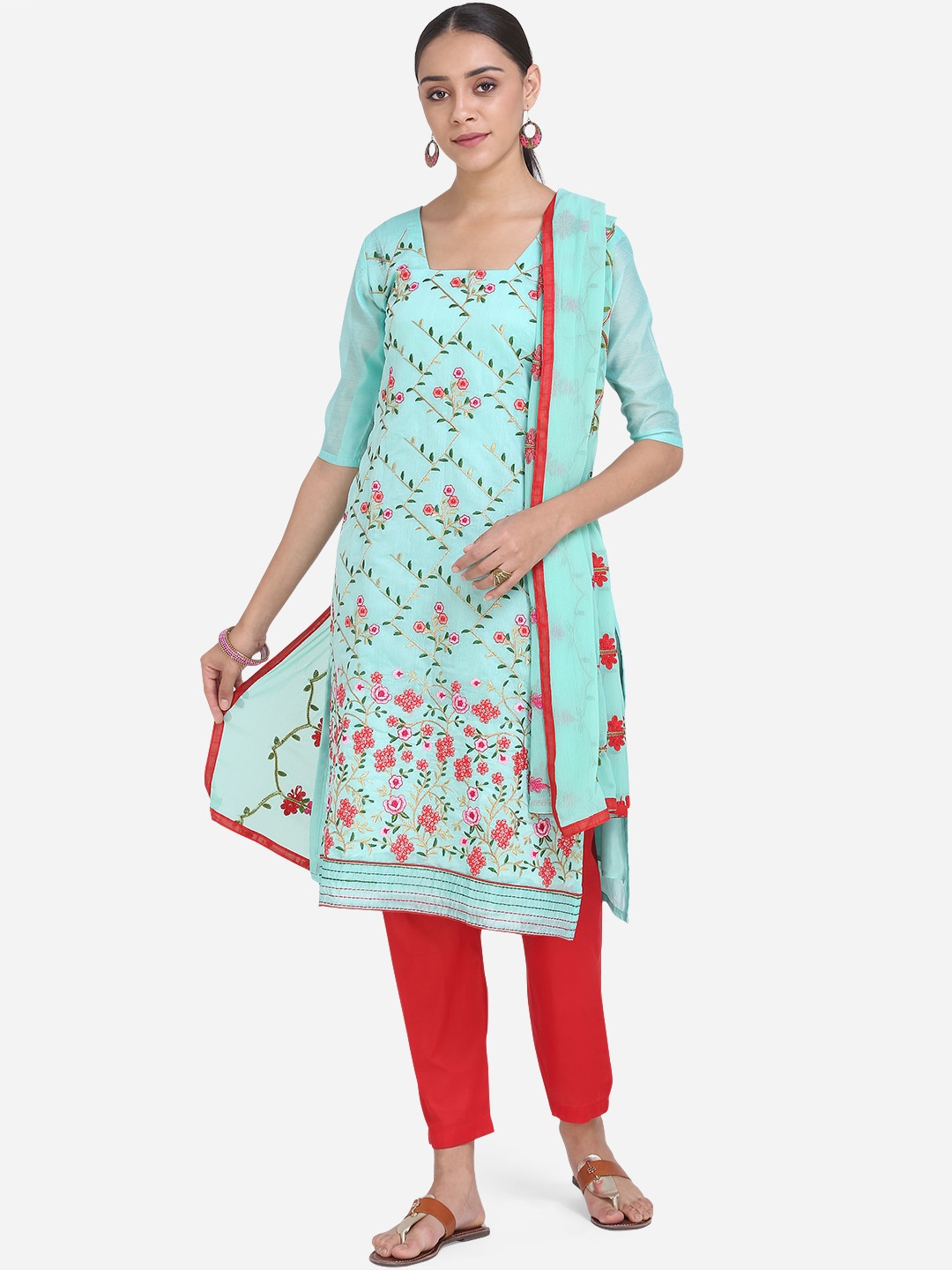 Ethnic Junction Blue & Red Cotton Blend Unstitched Dress Material