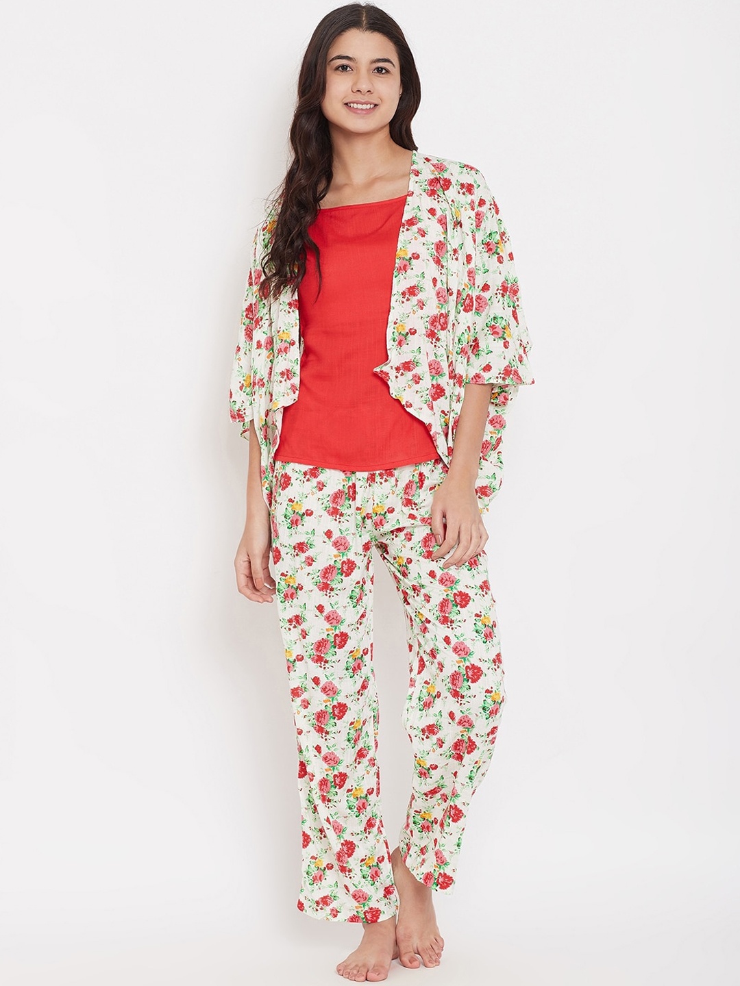 

The Kaftan Company Women Off White & Red Printed Night suit