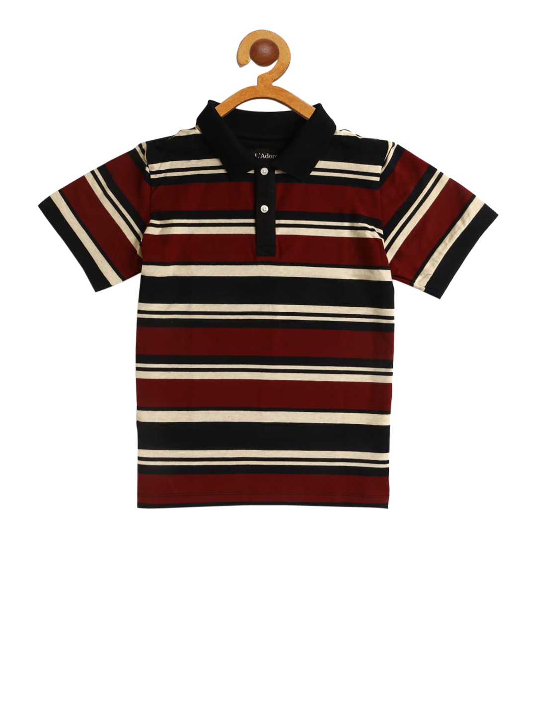 LAdore Kids Maroon Navy Blue Striped Polo Collar Pure Cotton T-shirt