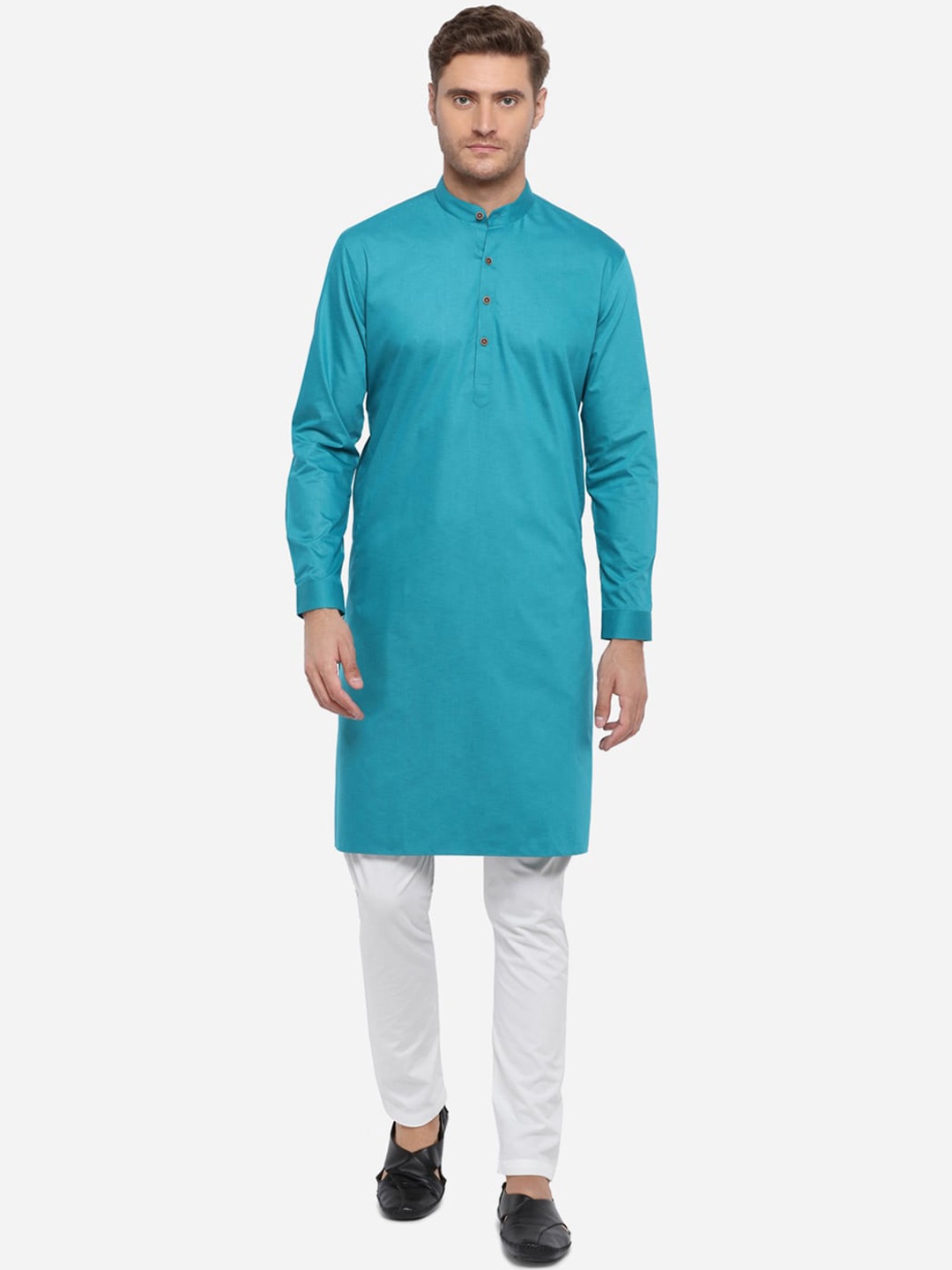 

JADE BLUE Men Blue Solid Pathani Handloom Modi Kurta