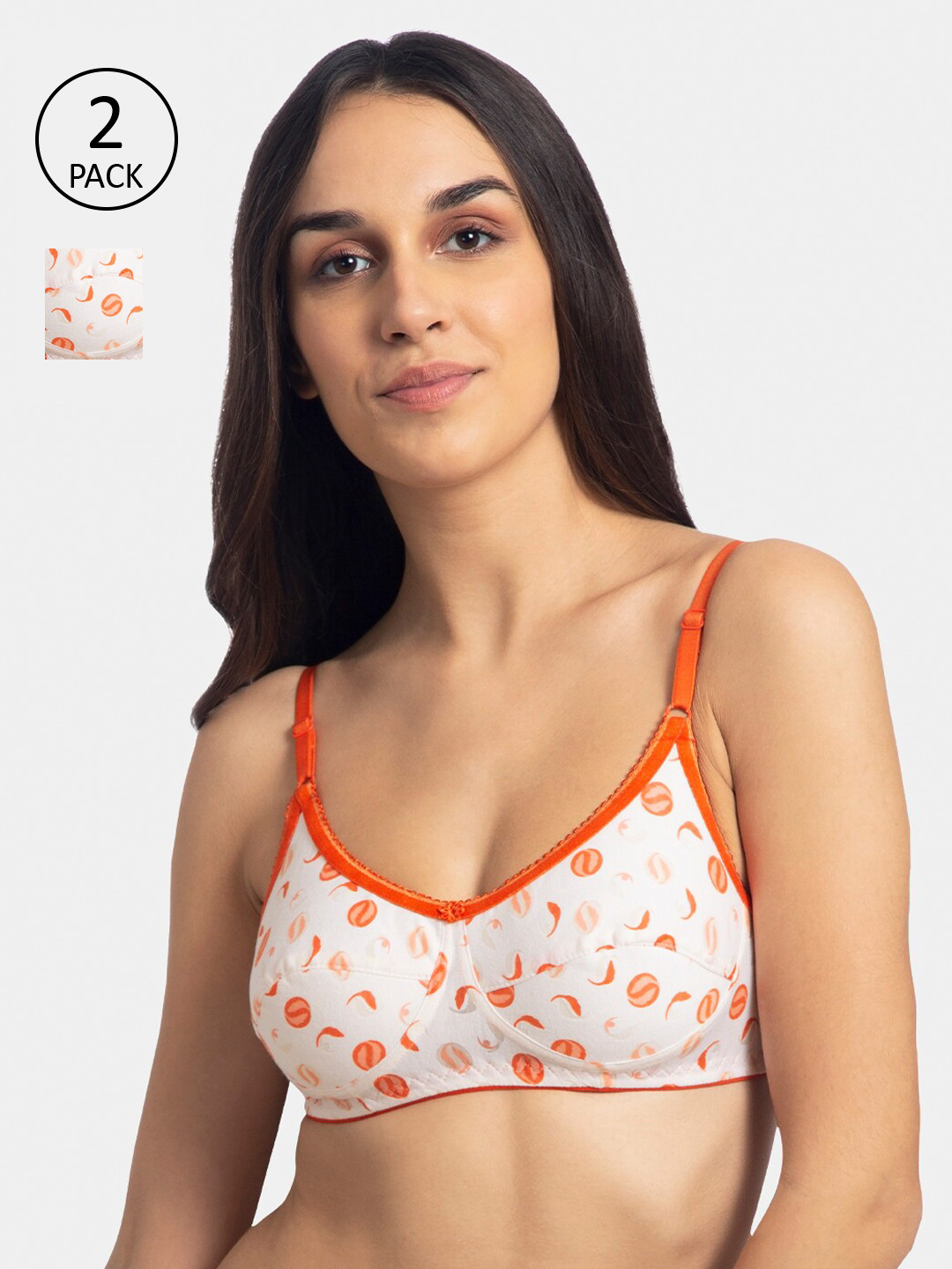

KOMLI Pack of 2 White & Orange Printed Non-Wired Non Padded Bras K-126-ORG-2PC-CRL-32B