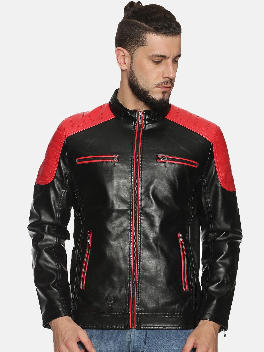 

SHOWOFF Men Black Colourblocked Leather Biker Jacket