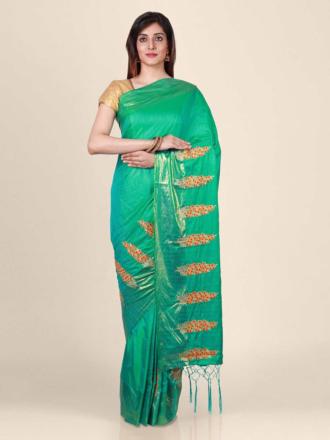 

CLAI WORLD Green Embroidered Silk Blend Saree