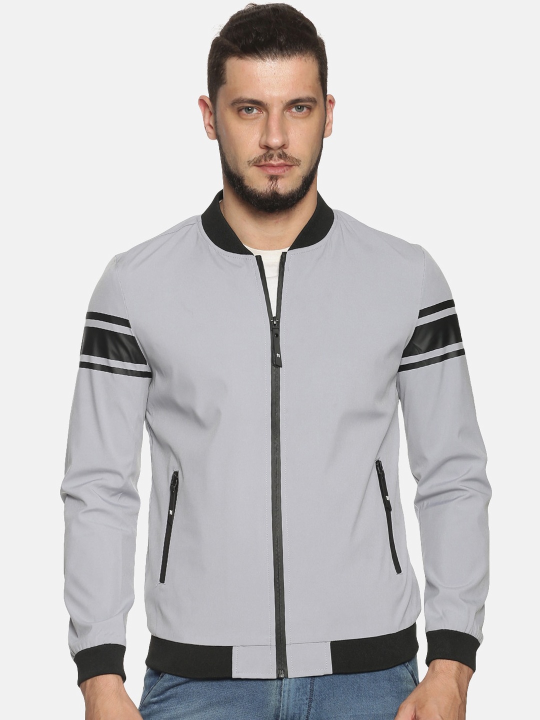 

SHOWOFF Men Grey Solid Bomber Jacket