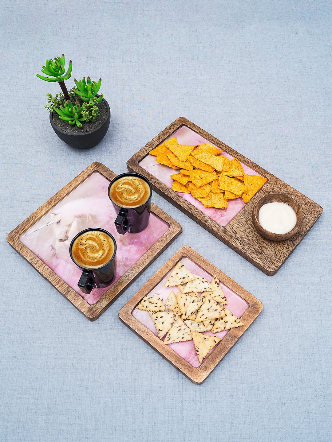 

Golden Peacock Set Of 3 Brown & Pink Printed Wooden Trays With Bowl