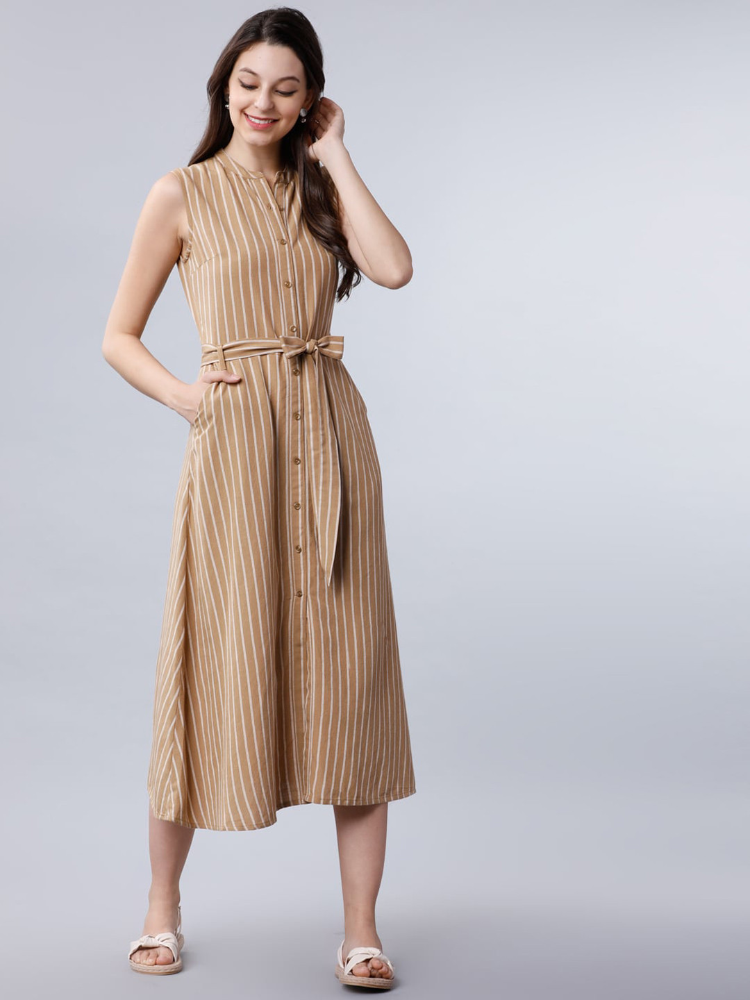 

Tokyo Talkies Women Khaki Striped Fit and Flare Dress