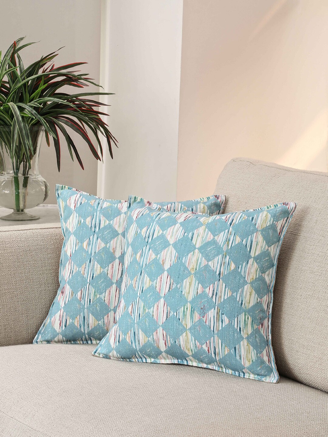 

BLUE BOAT Set of 2 Blue & Off-White Geometric Square Cushion Covers
