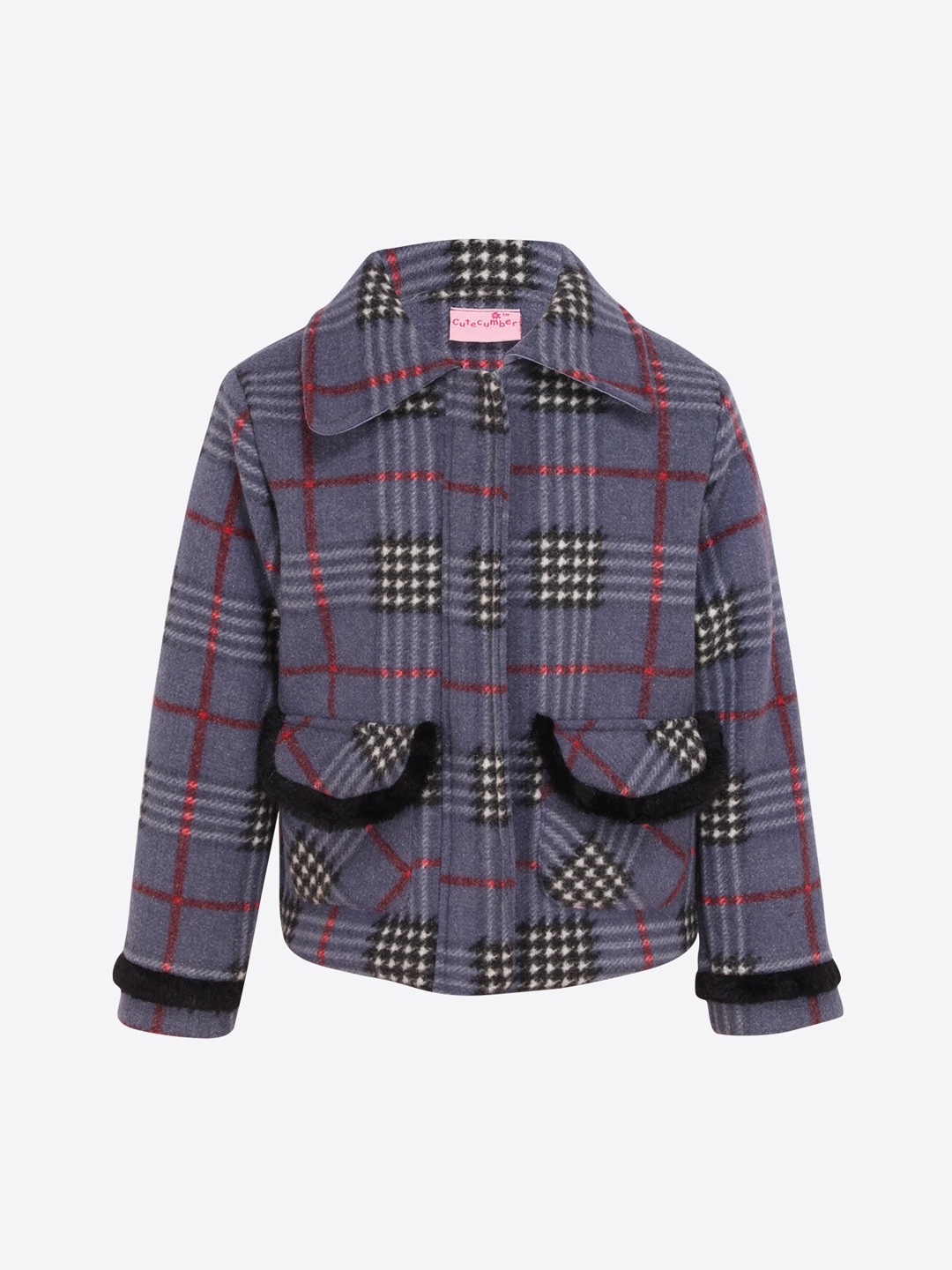 

CUTECUMBER Girls Grey & Black Checked Bomber Jacket