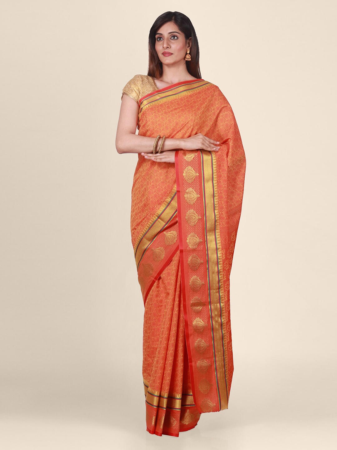 

CLAI WORLD Orange Printed Silk Blend Saree