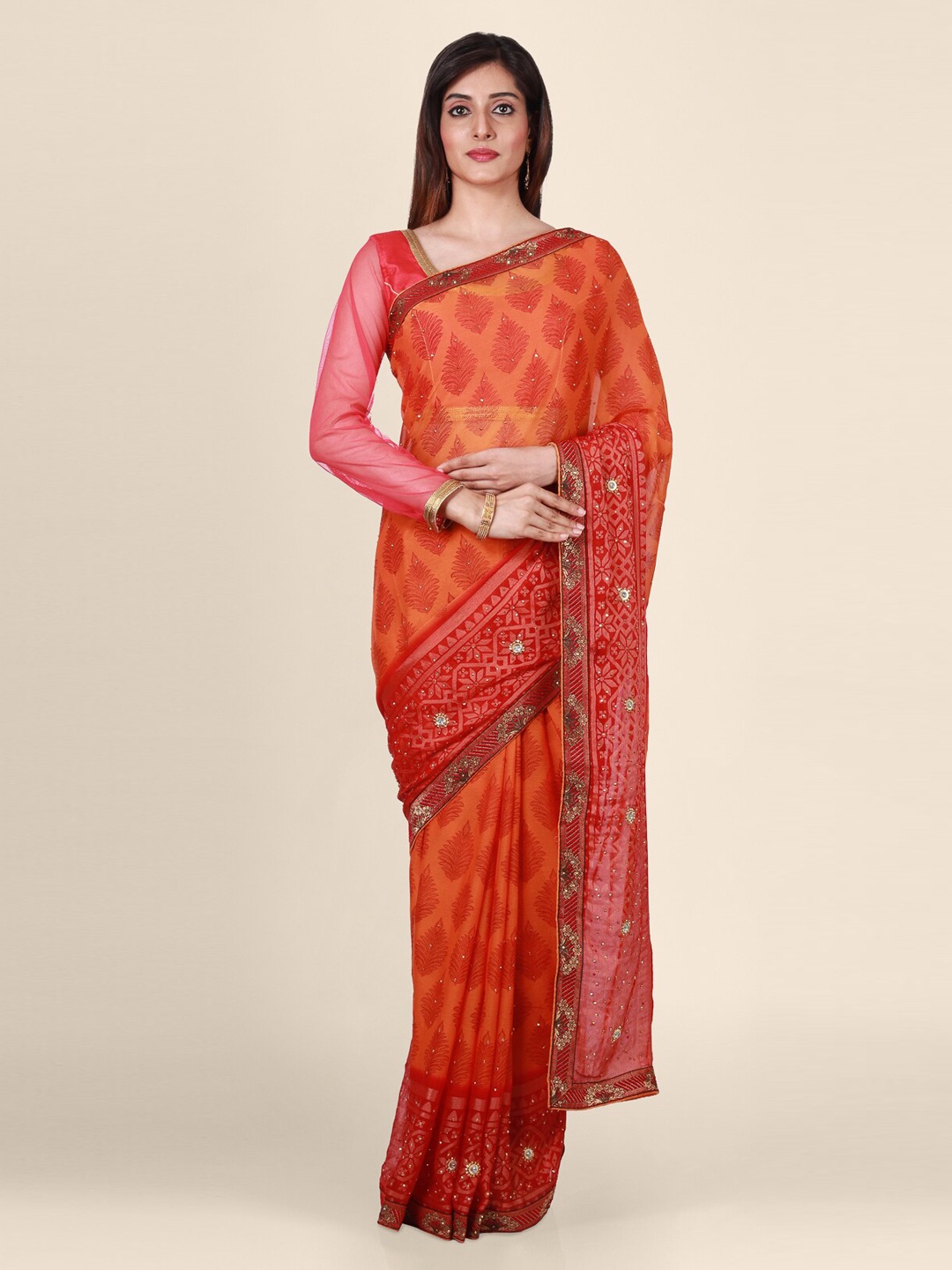 

CLAI WORLD Red Printed Poly Georgette Saree