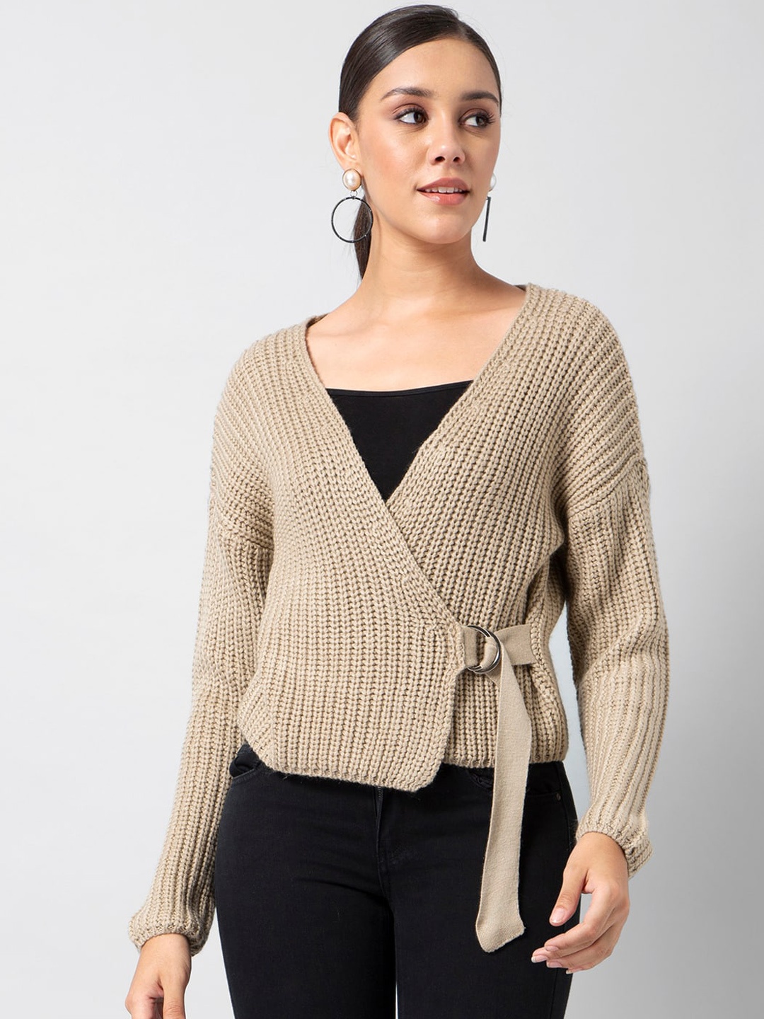 

FabAlley Women Beige Ribbed Wrap Front-Open Sweater