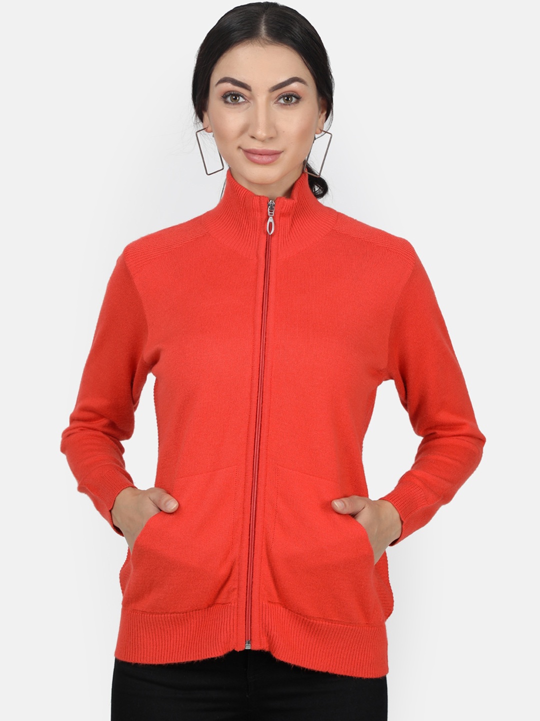 

Monte Carlo Women Orange Solid Front-Open Sweater