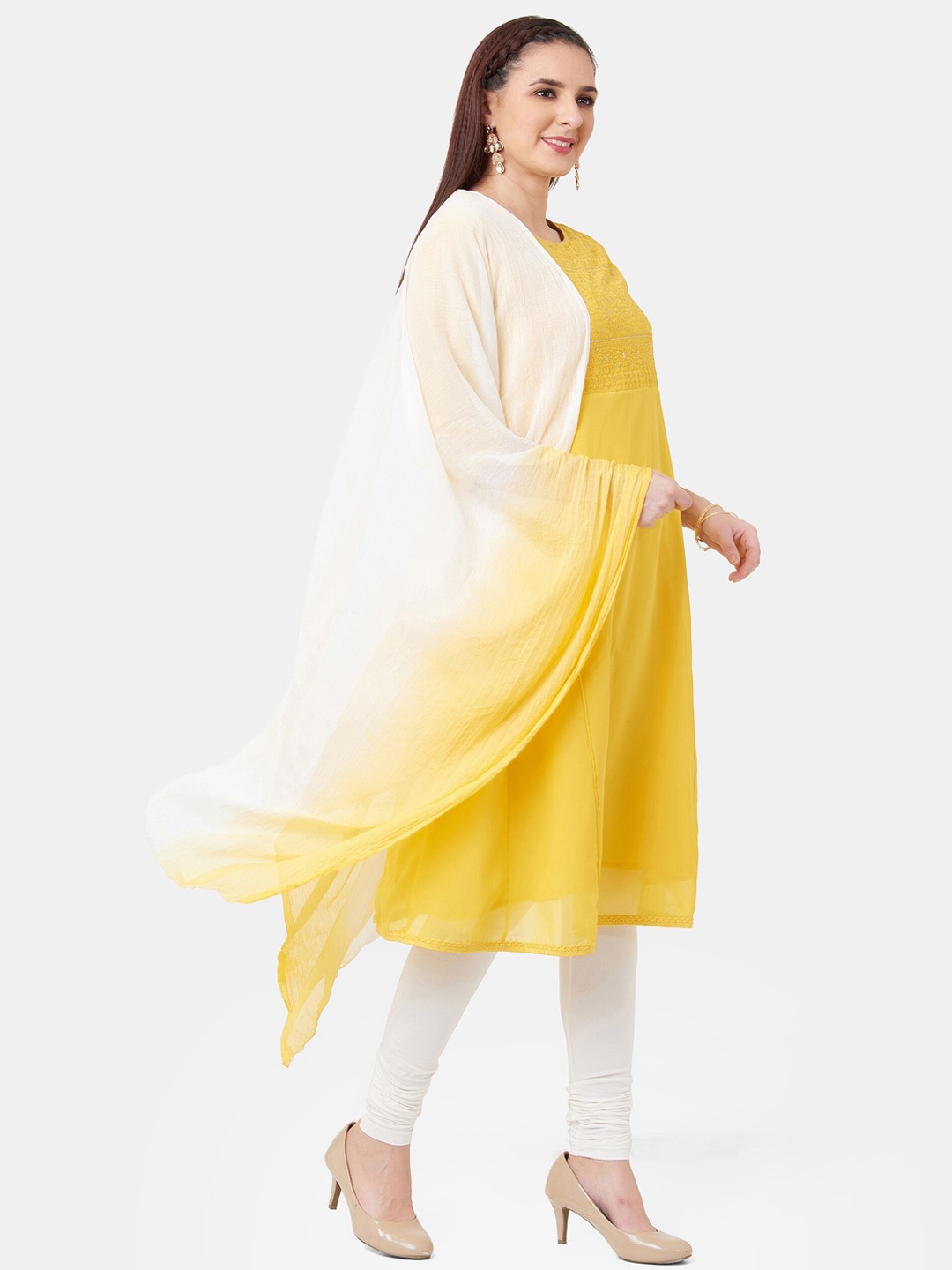 

IMARA Women Yellow & White Embroidered Kurta with Trousers & Dupatta