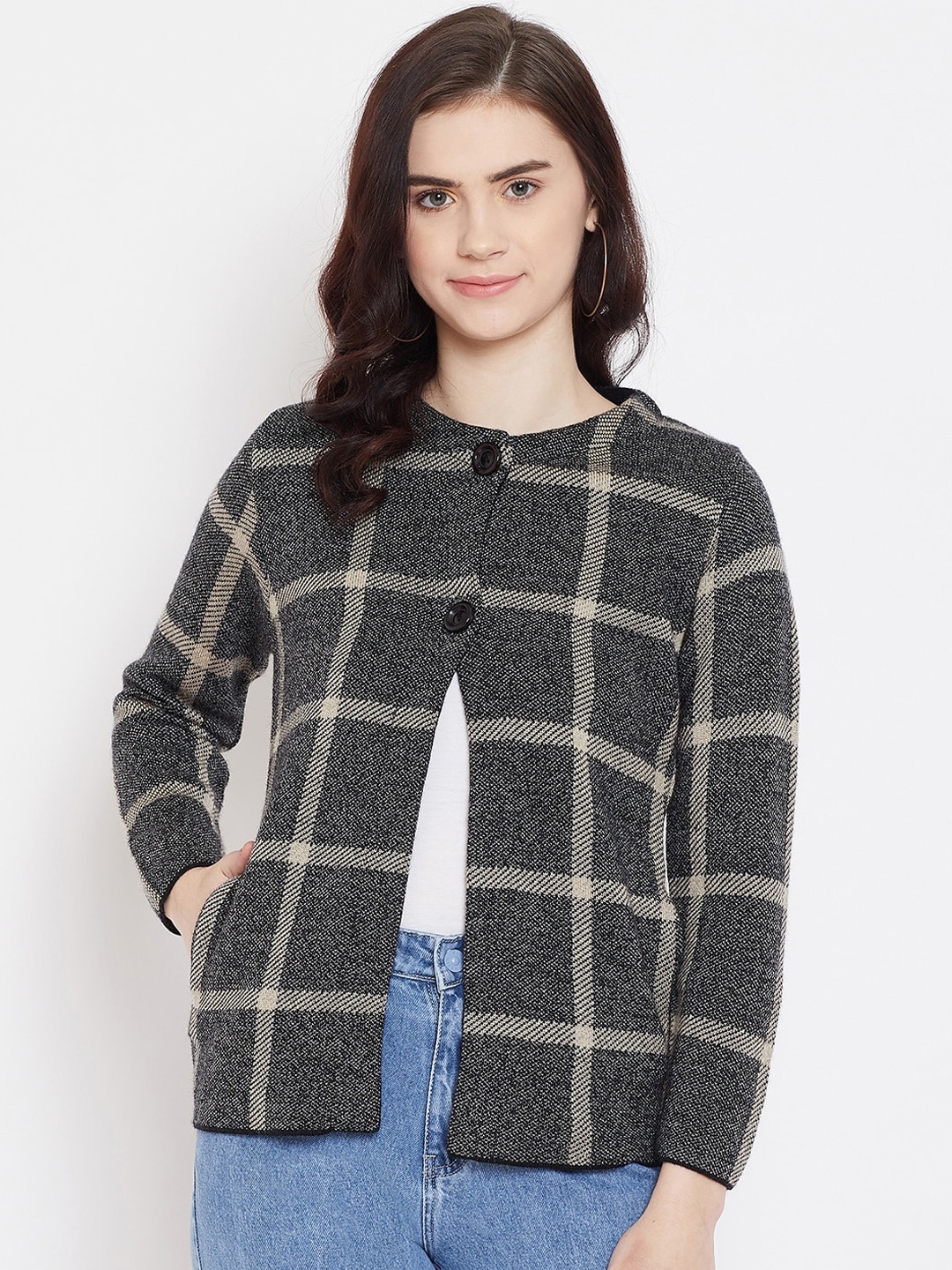 Zigo Women Black Checked Cardigan Sweater