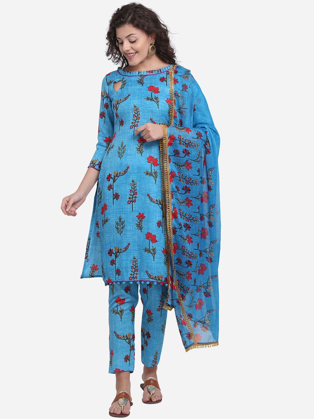 

SHAVYA Turquoise Blue & Red Cotton Blend Unstitched Dress Material