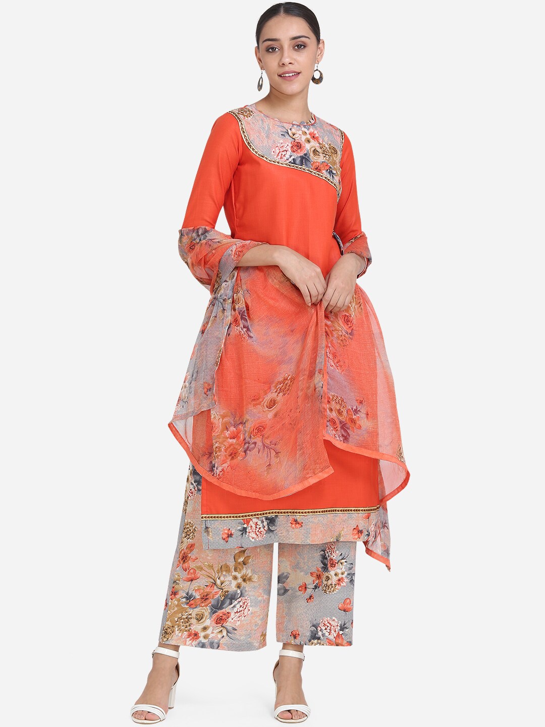 Ethnic Junction Orange & Grey Cotton Blend Unstitched Dress Material