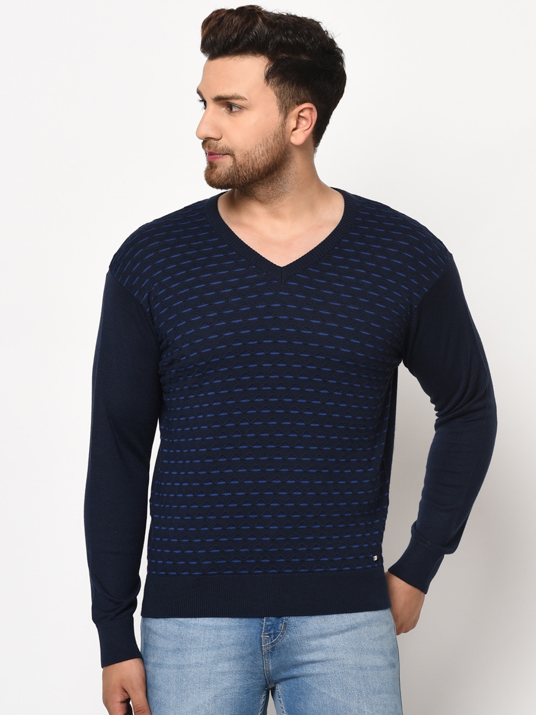

98 Degree North Men Navy Blue Self Design Pullover Sweater