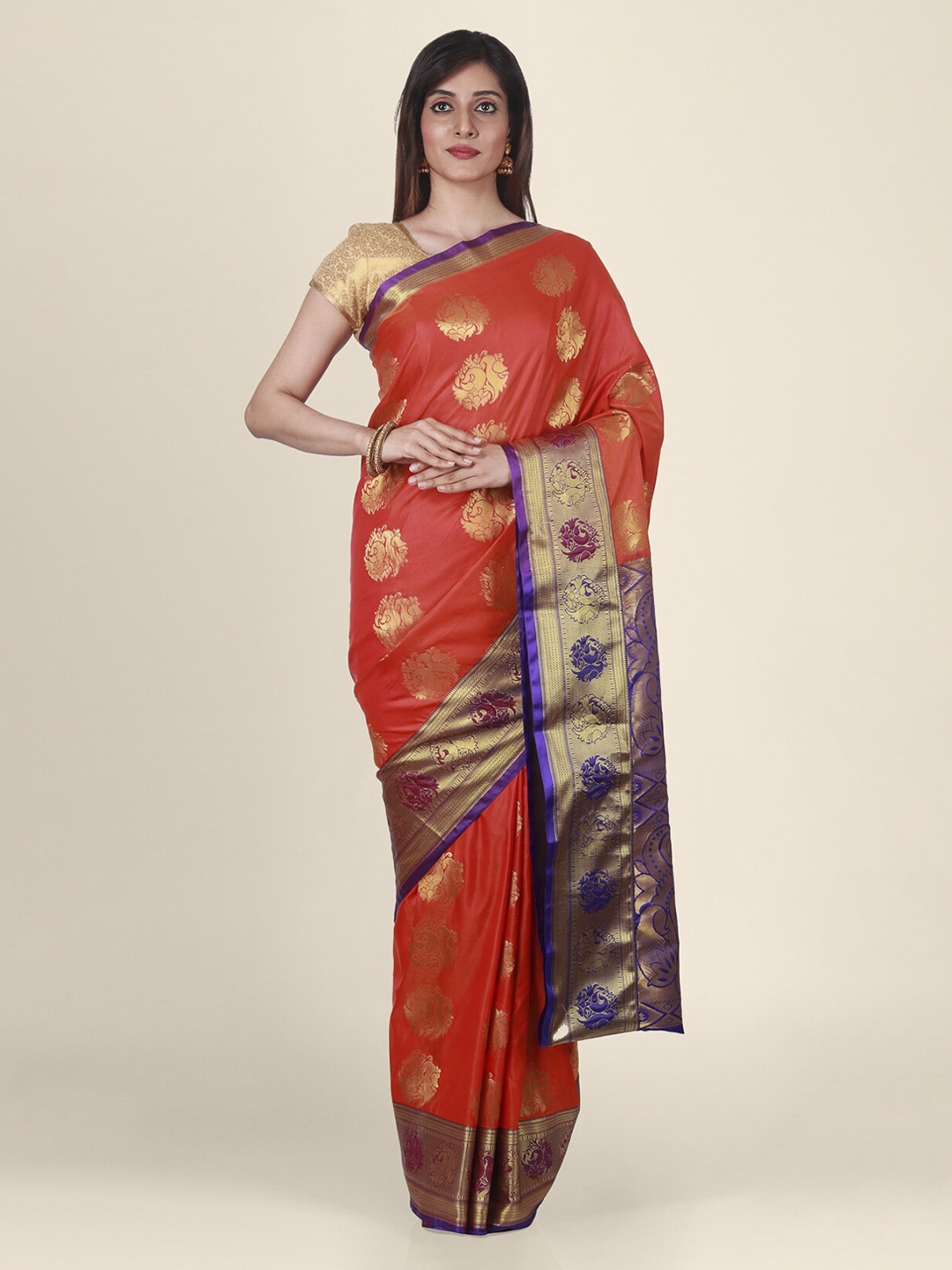 

CLAI WORLD Orange & Purple Silk Blend Woven Design Saree