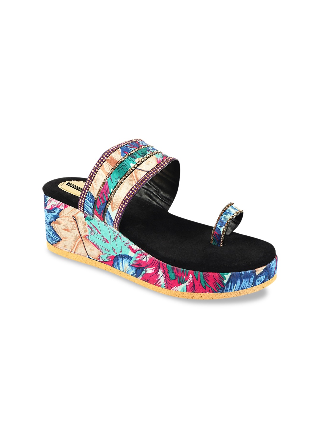 

Shoetopia Women Blue & Yellow Printed Wedges