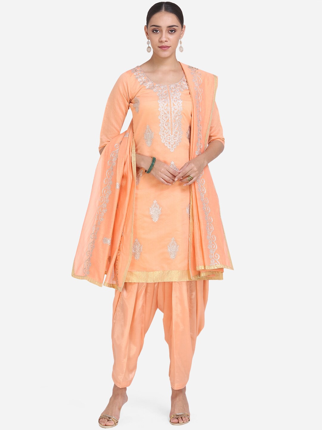 

Ethnic Junction Peach-Coloured & Silver-Toned Silk Blend Unstitched Dress Material