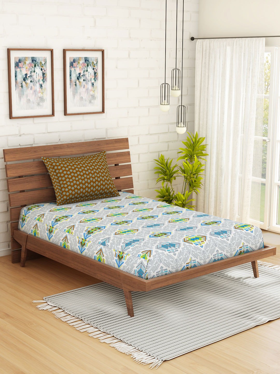 

SPACES Brown & Green Abstract 144 TC Cotton 1 Queen Bedsheet with 1 Pillow Covers