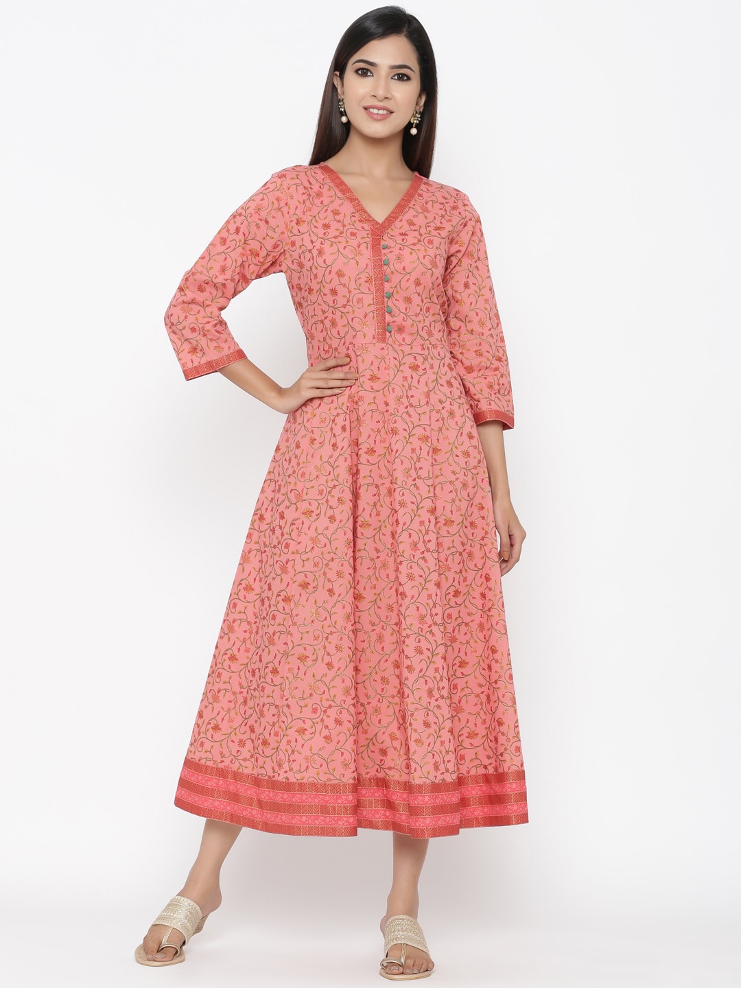 

Maaesa Women Coral Printed Fit and Flare Dress