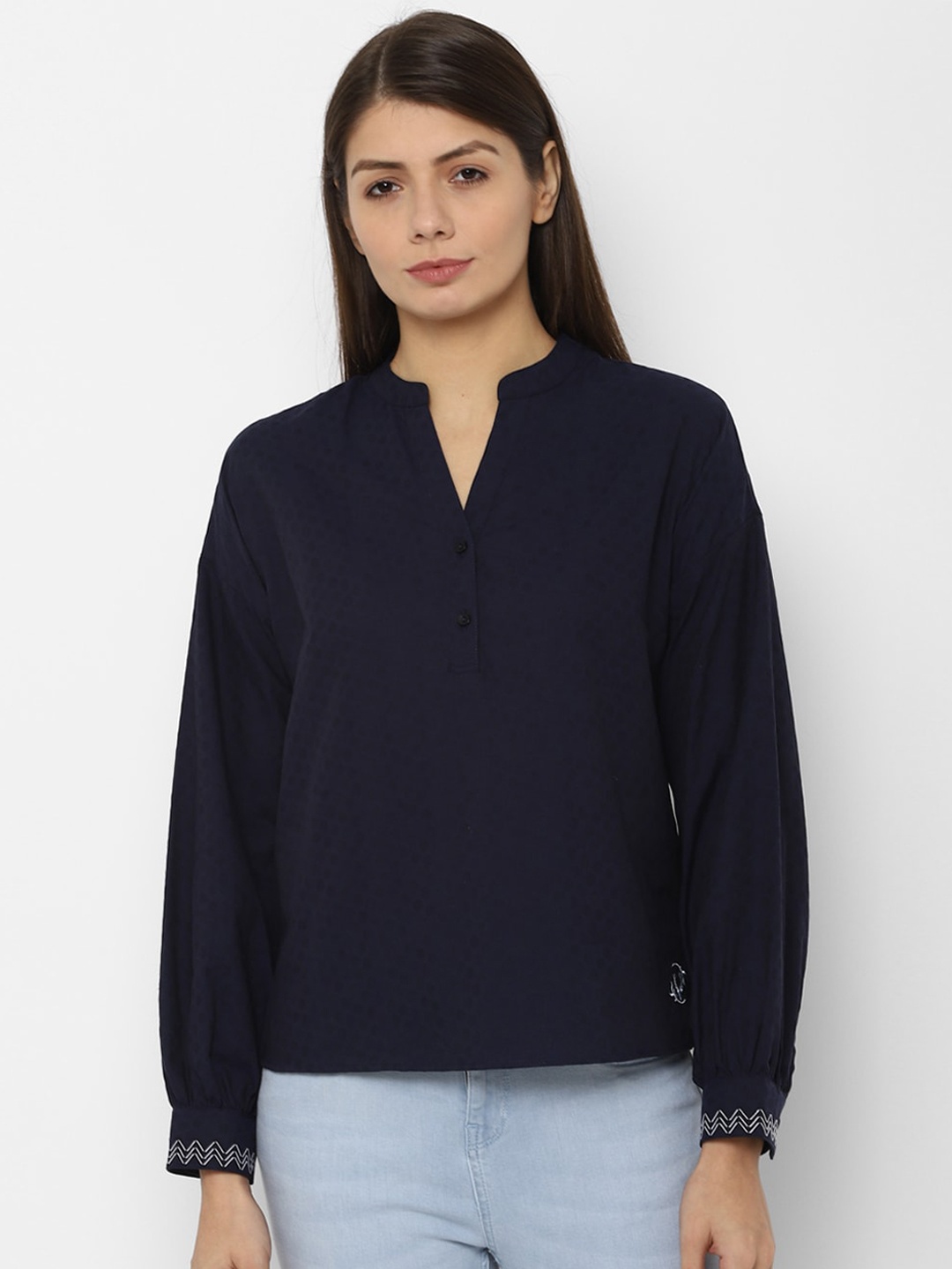 

Allen Solly Woman Women Navy Blue Solid Shirt Style Pure Cotton Top