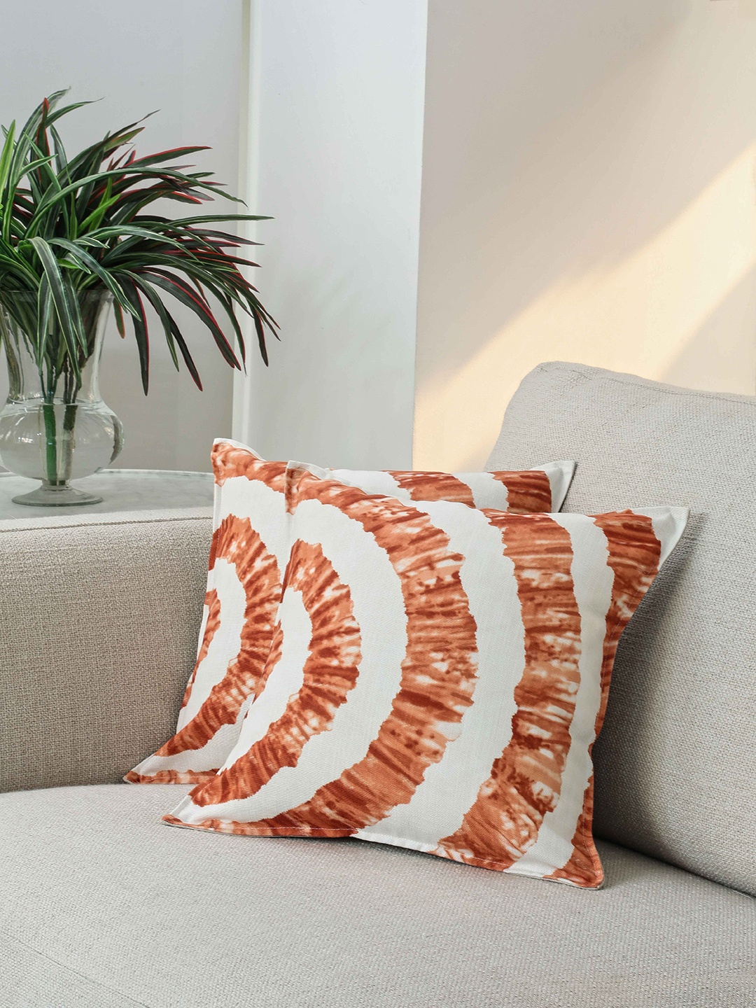 BLUE BOAT White & Brown Set of 2 Geometric Square Cushion Covers