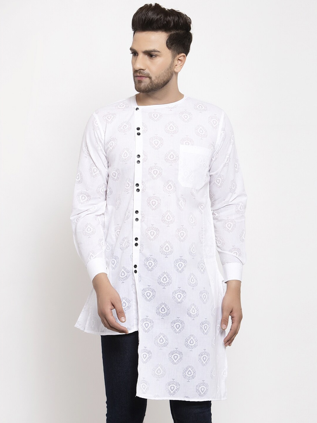

KLOTTHE Men White Woven Design Straight Kurta