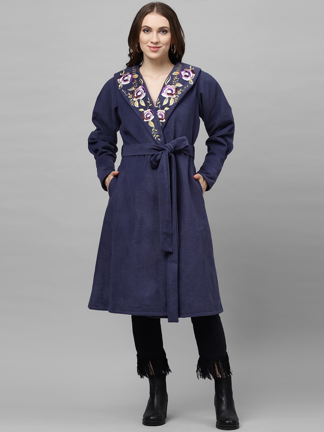 

Athena Women Navy Blue Solid Woollen Longline Overcoat