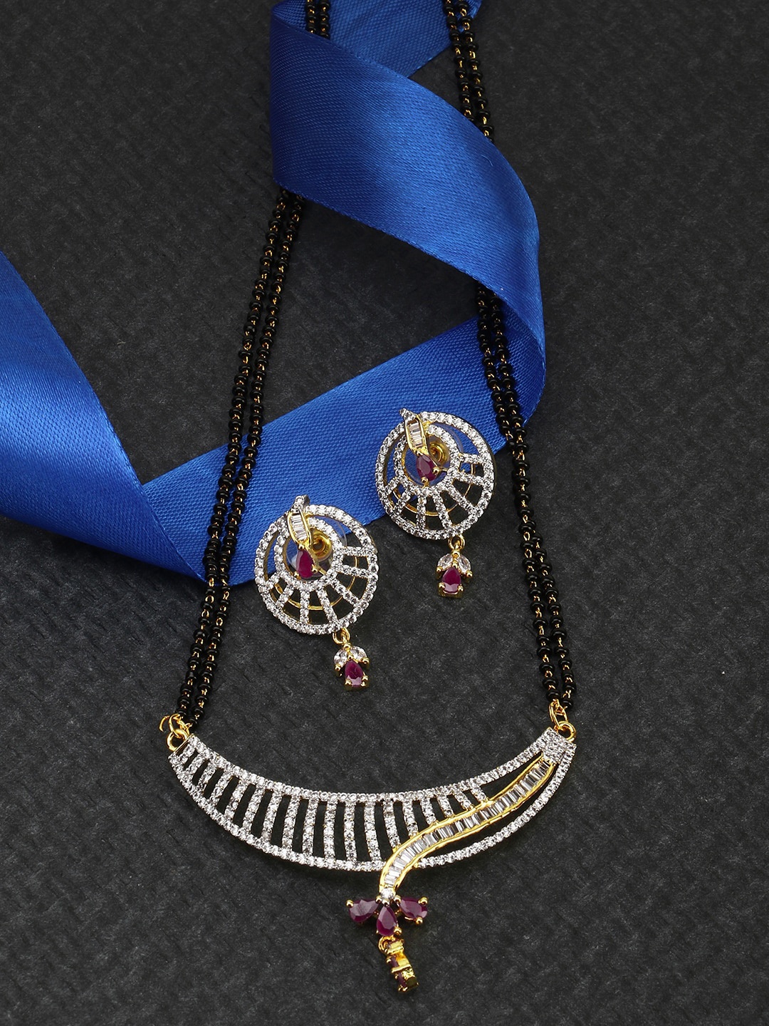 Adwitiya Collection Black Gold-Plated Beaded American Diamond Studded Mangalsutra Set