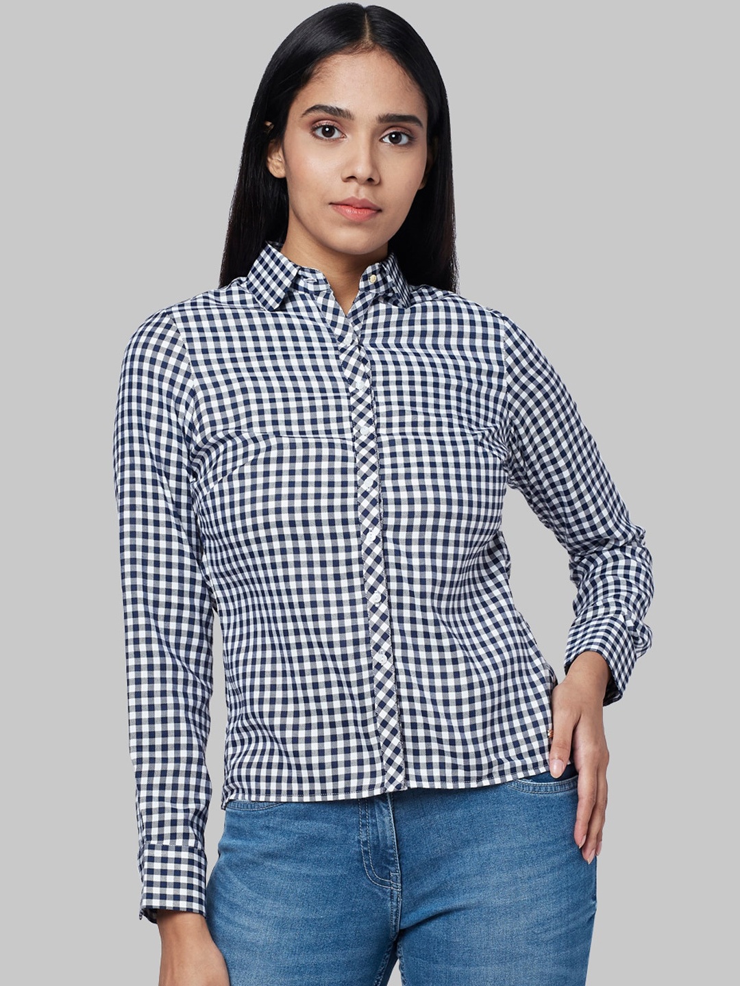 

Park Avenue Woman Blue & White Regular Fit Checked Casual Shirt