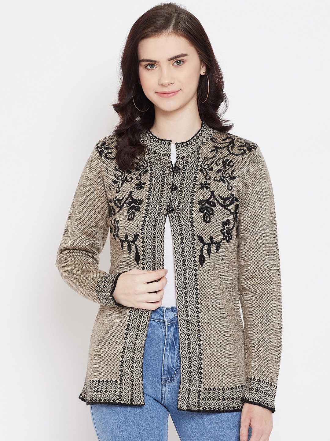 

Zigo Women Beige & Black Floral Embroidered Cardigan