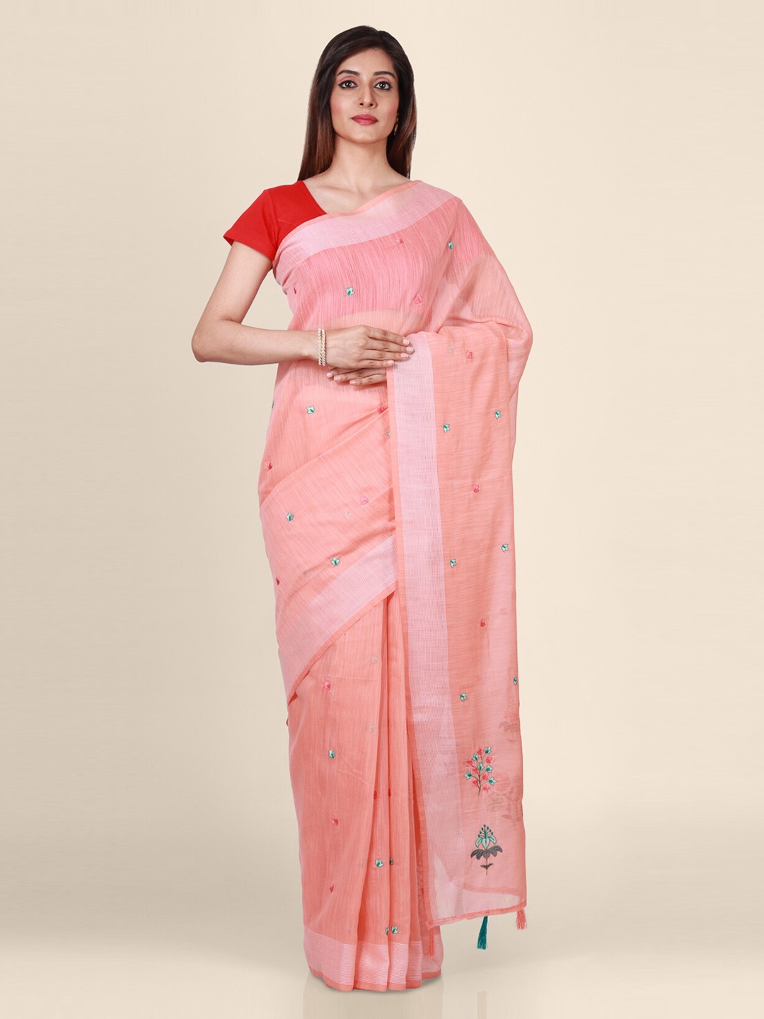 

CLAI WORLD Pink Woven Design Linen Blend Saree