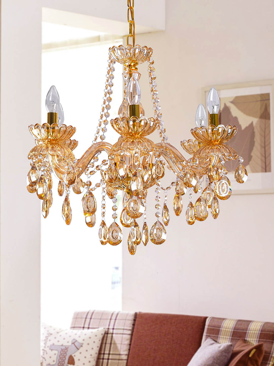 

THE LIGHT STORE Gold-Toned Self Design Crystal Chandelier