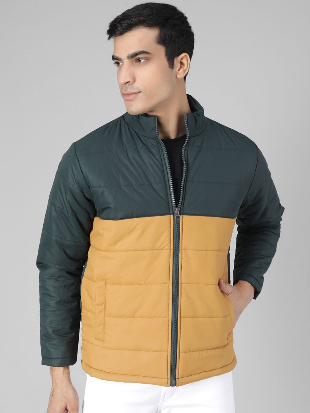 

Kotty Men Yellow & Green Colourblocked Puffer Jacket