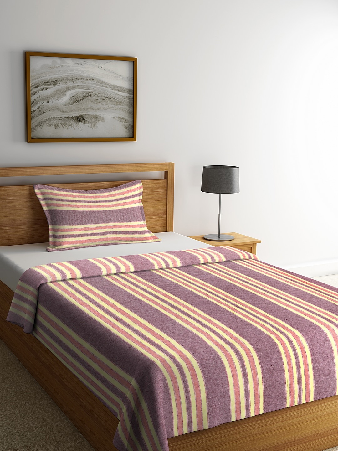 

KLOTTHE Purple & Yellow Striped Single Bed Cover With 1 Pillow Cover