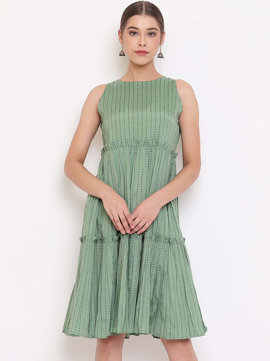 

Janasya Women Green Self Design Fit and Flare Dress