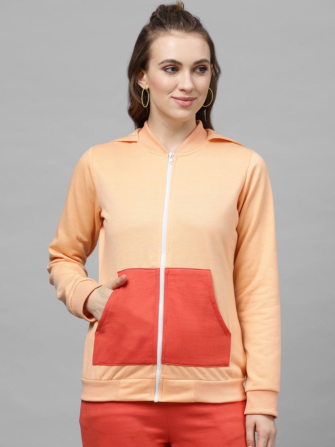 

Athena Women Peach-Coloured & Orange Colourblocked Hooded Sweatshirt