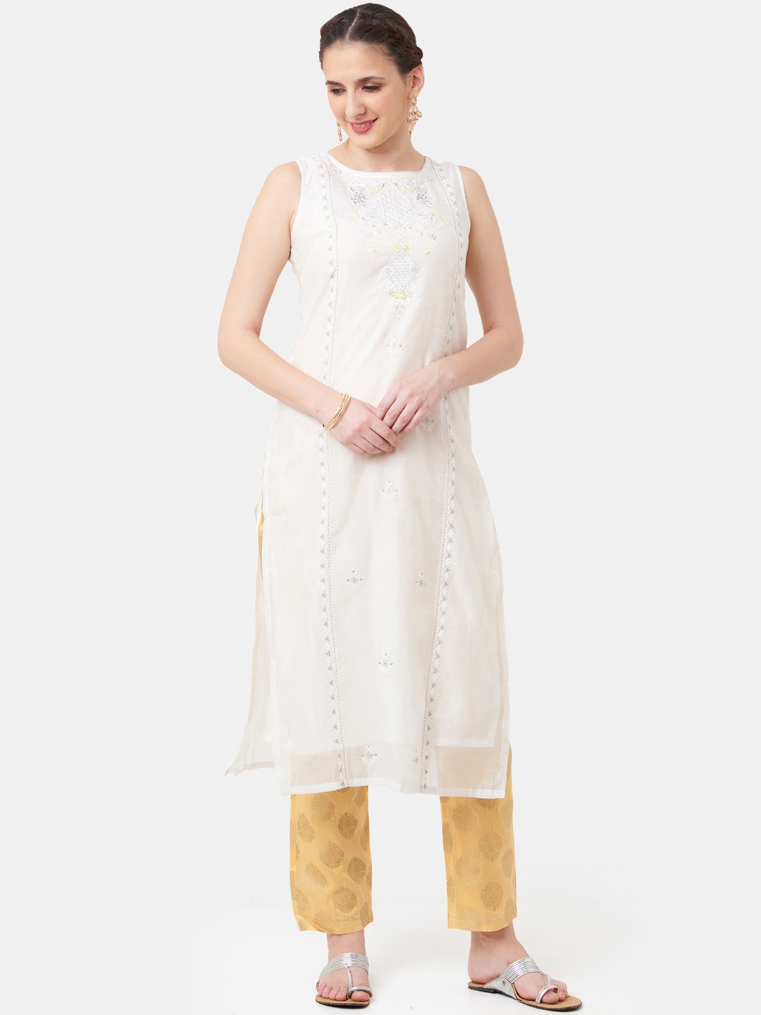 

IMARA Women White Self Design Kurta with Trousers