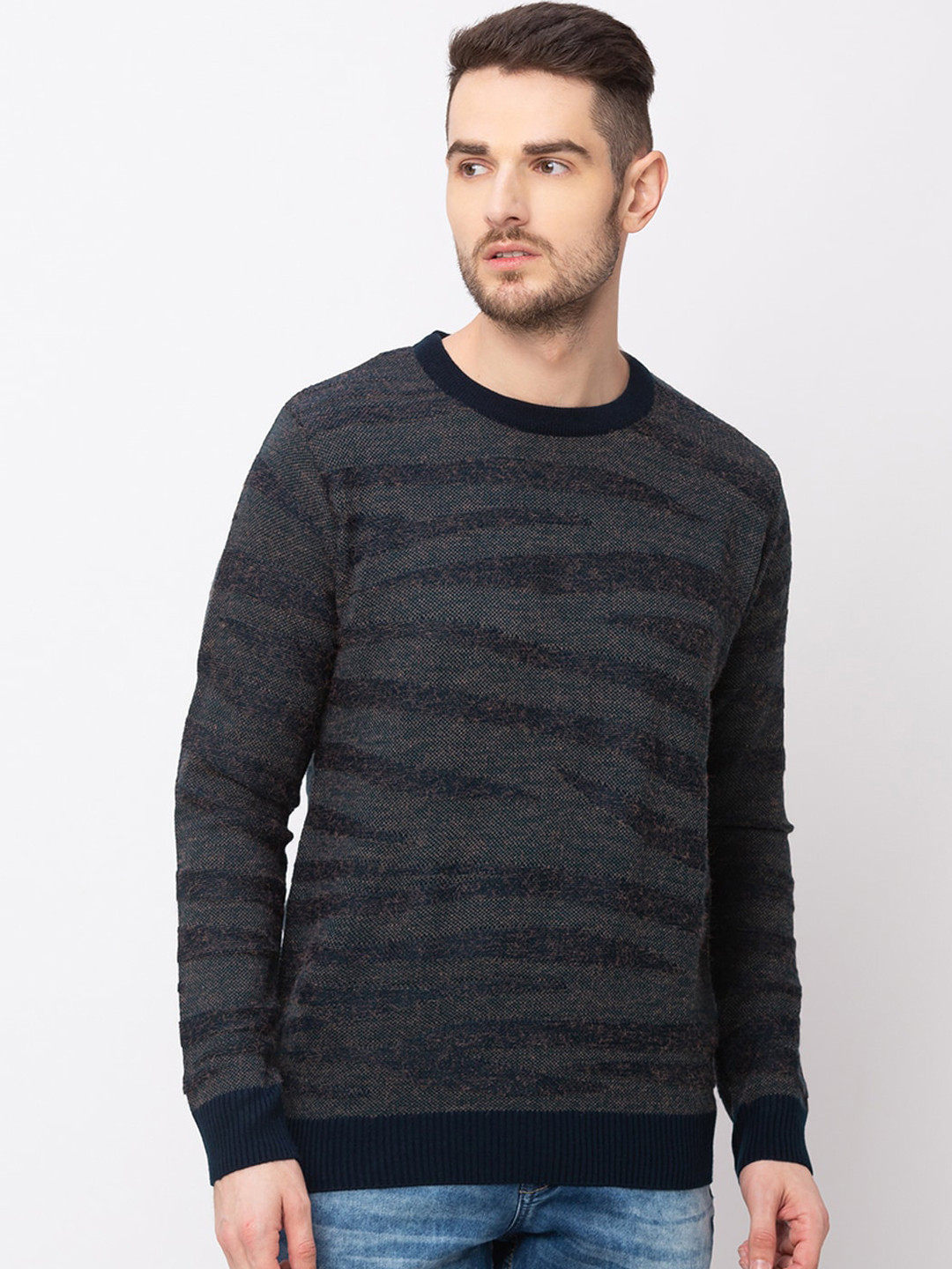 

Globus Men Grey Self Design Pullover Sweater