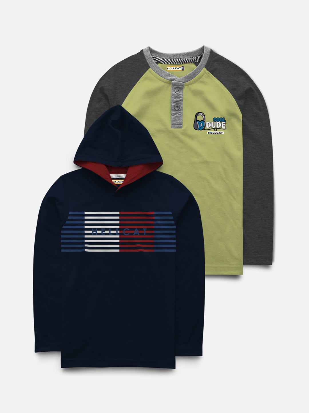 

HELLCAT Boys Green & Navy Blue Pack of 2 Colourblocked Henley Neck T-shirt