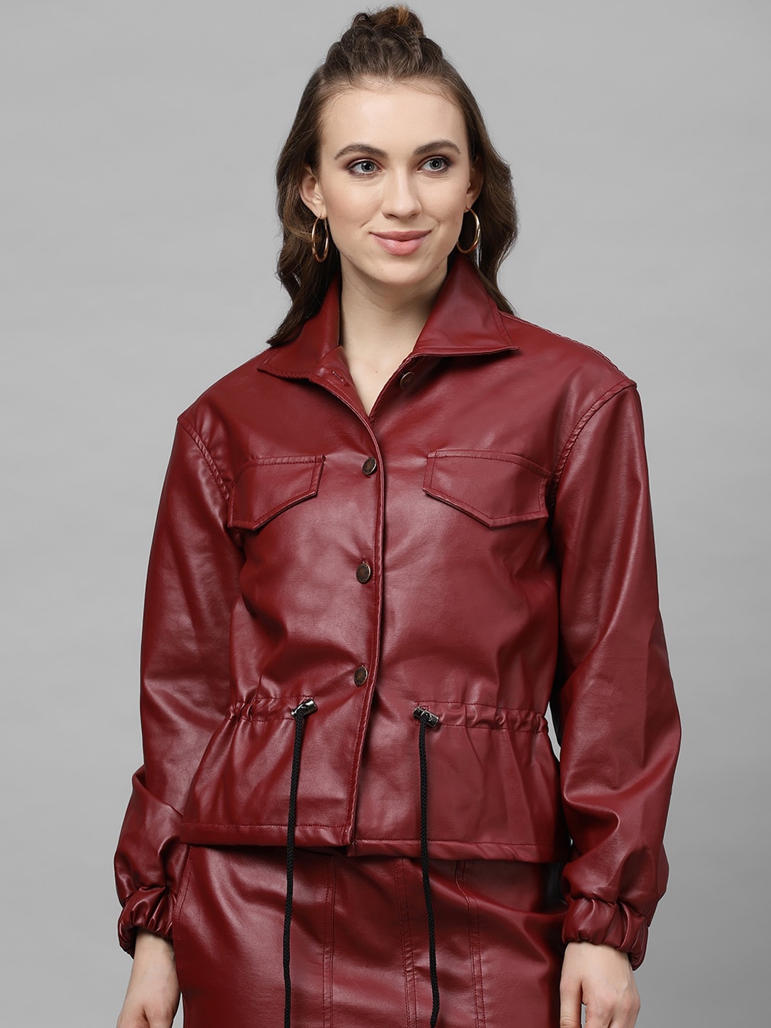 

Athena Maroon Leather jacket with peplum and front drawstring detail