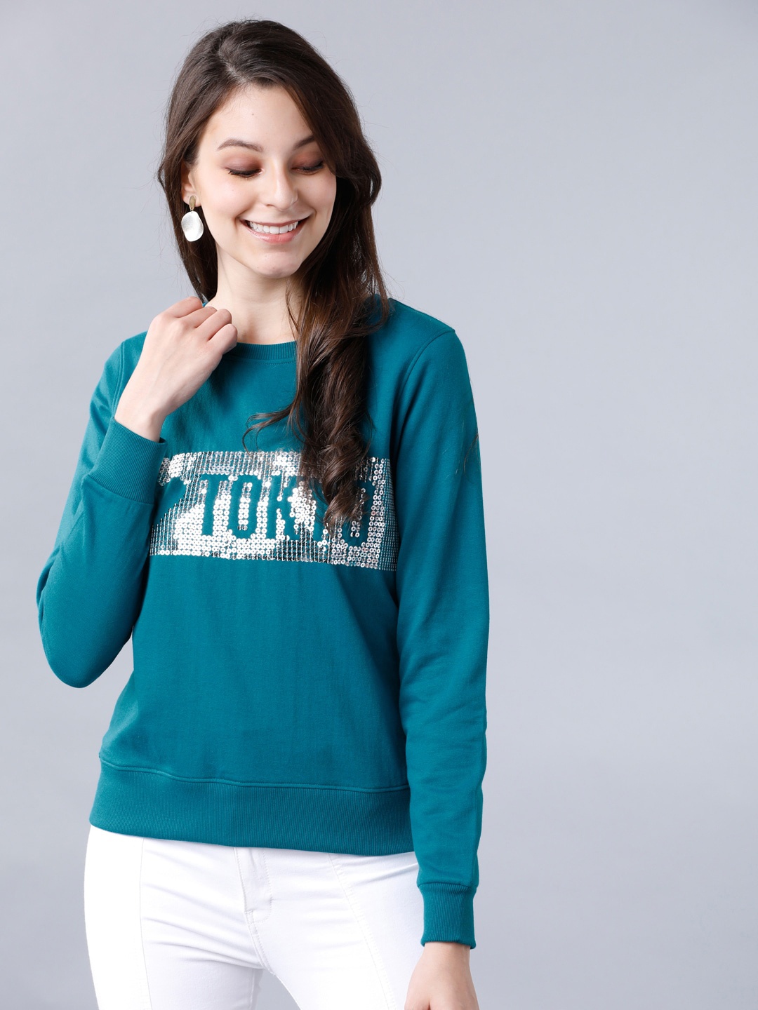 

Tokyo Talkies Women Teal Embellished Sweatshirt
