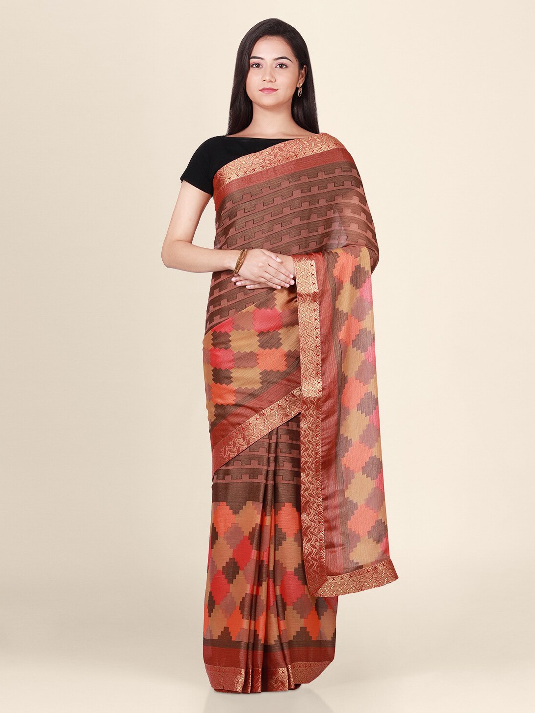 

CLAI WORLD Brown & Red Poly Georgette Printed Handloom Saree