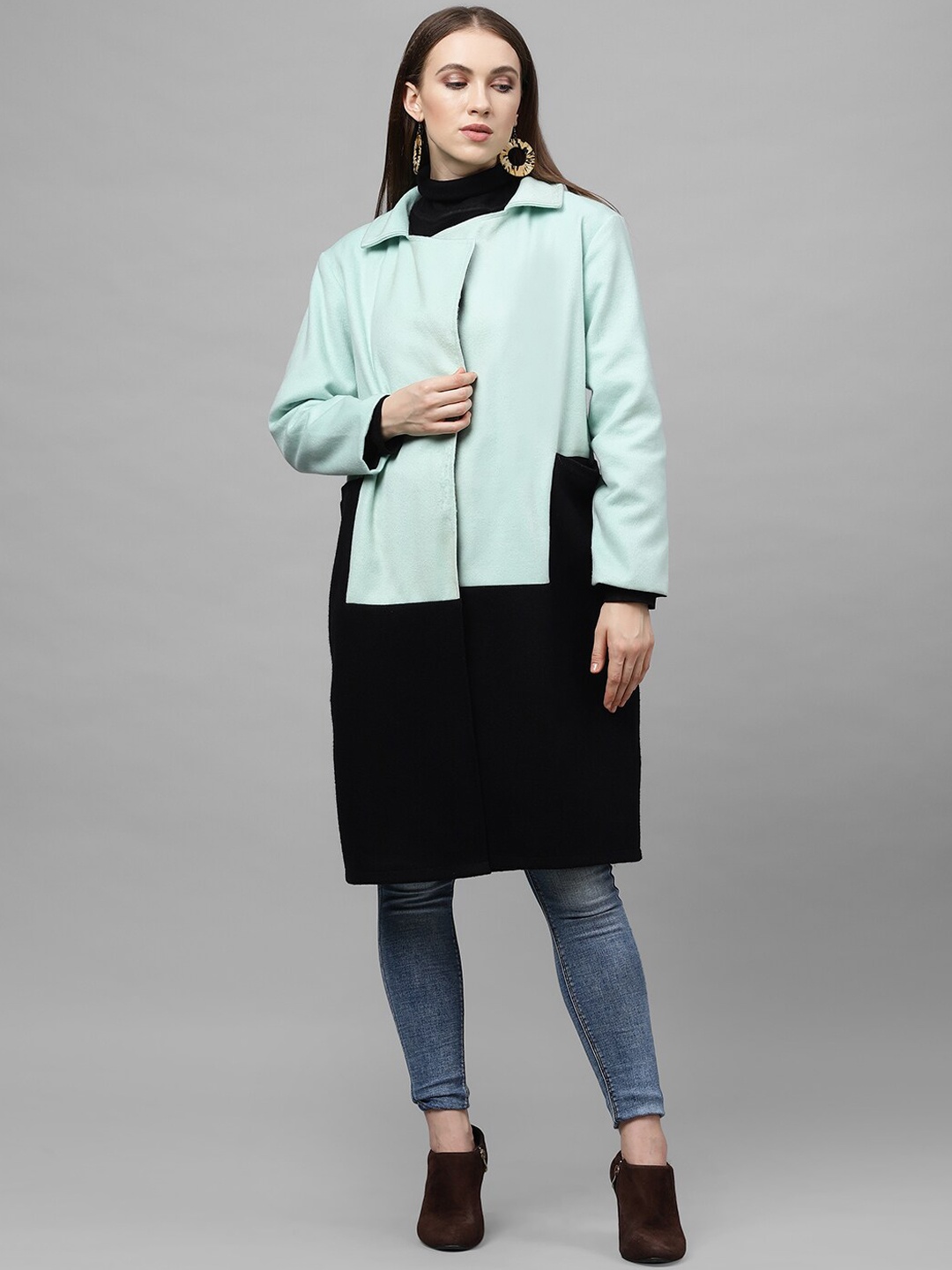Athena Women Sea Green & Black Colorblock Longline Over Coat