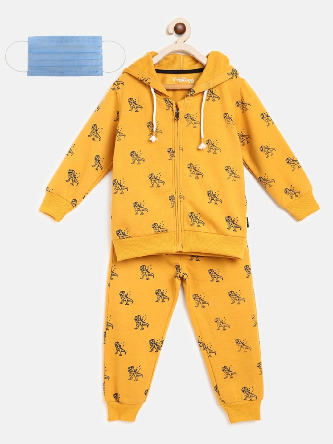 

Lil Tomatoes Boys Mustard Yellow Printed Tracksuit with 3-Ply Cotton Face Mask