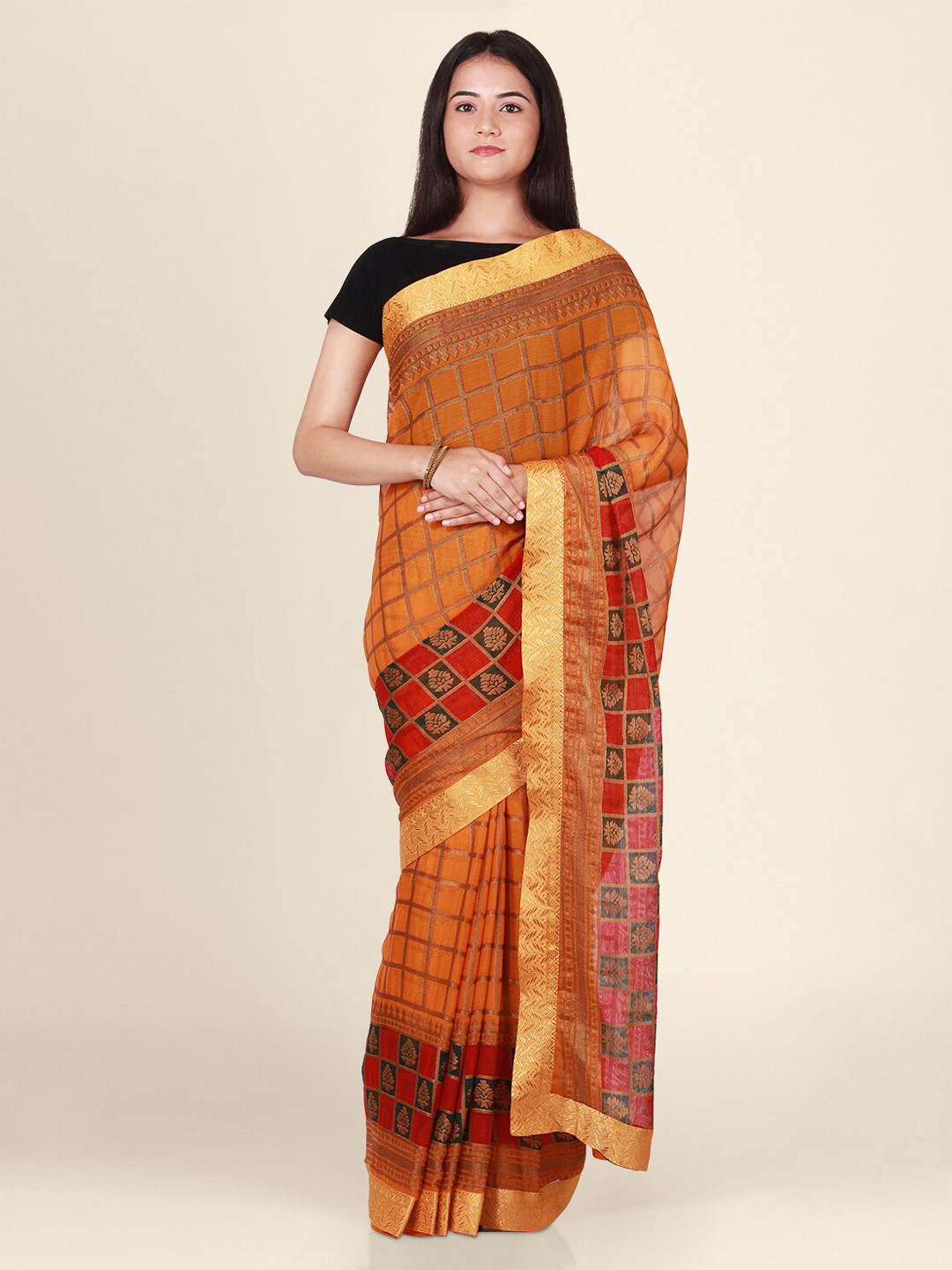 

CLAI WORLD Orange & Red Poly Georgette Checked Saree